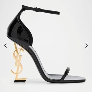 Yves Saint Laurent Glossy Black Heels with Gold Monogram